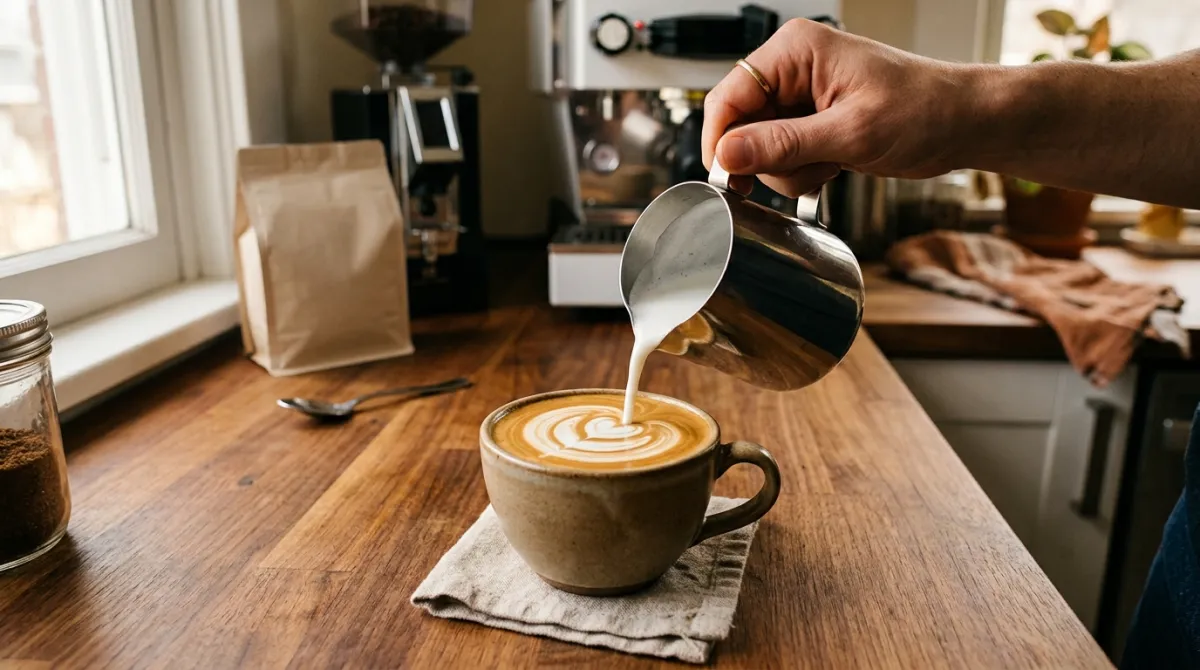 Steamed milk being poured into espresso to make a latte