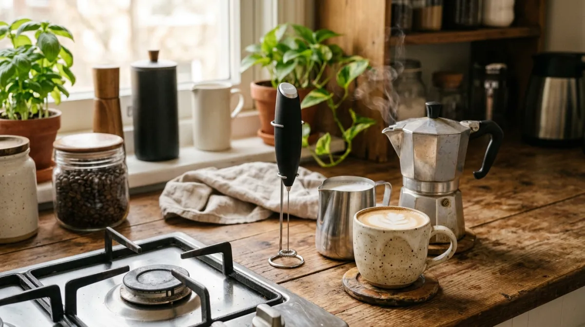 A moka pot and handheld frother used to make a latte without a machine
