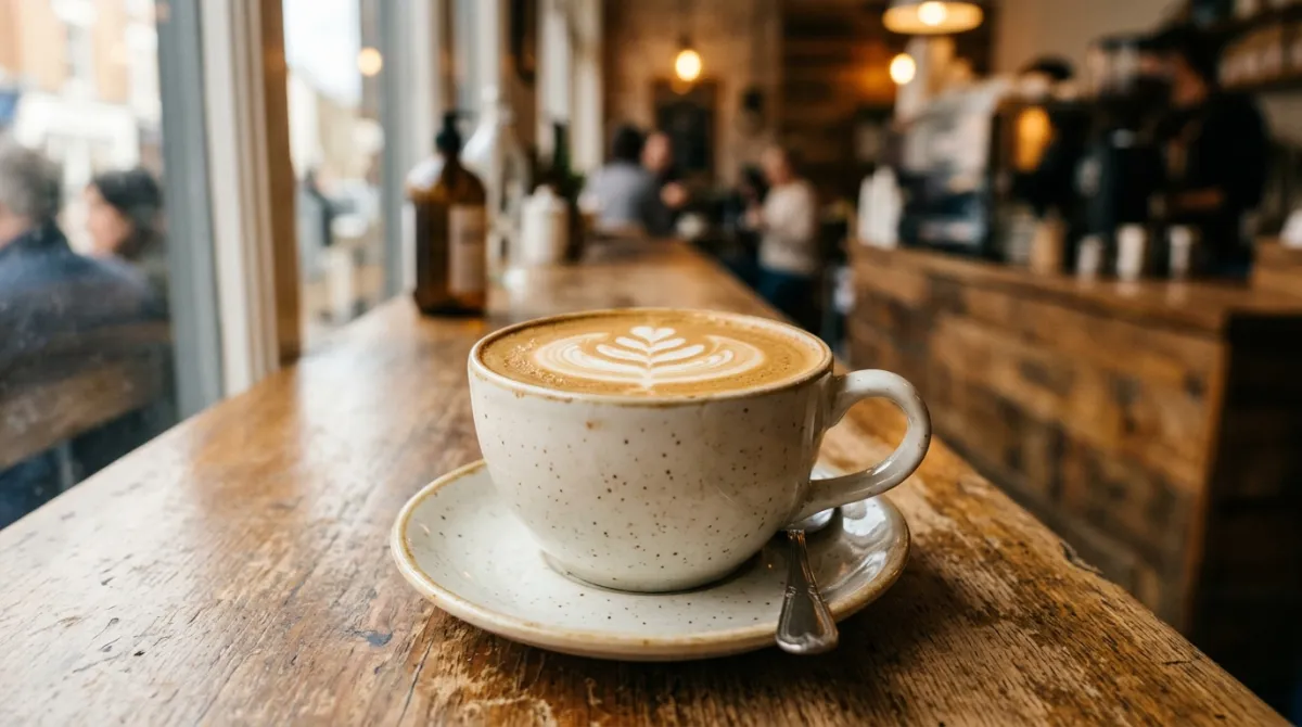 A glass latte on a wooden counter showing espresso, steamed milk, and a thin white foam layer with simple latte art.