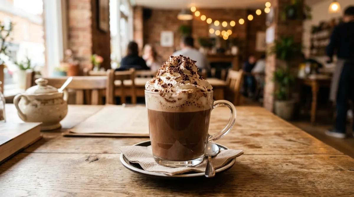 A finished mocha topped with whipped cream and chocolate shavings