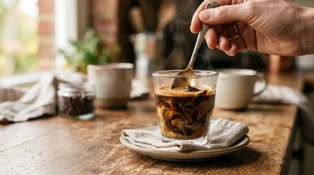 Chocolate being stirred into a hot shot of espresso