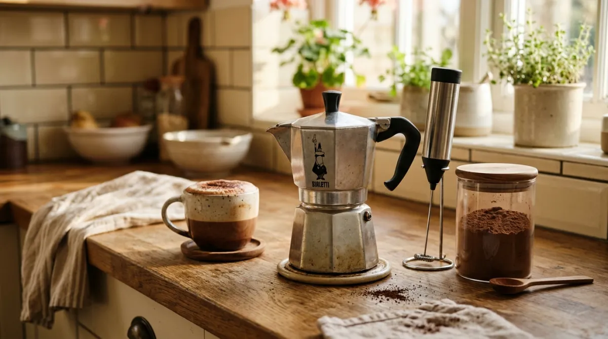 A moka pot and milk frother used to build a mocha at home