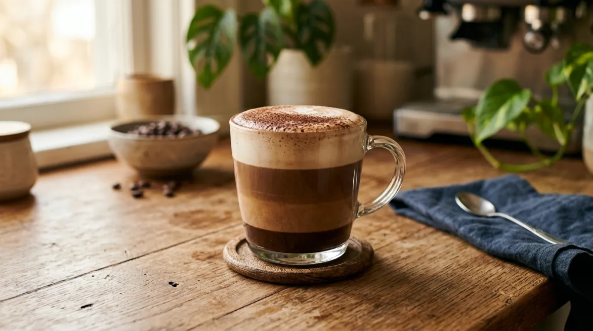 A homemade mocha in a glass mug topped with milk foam and cocoa