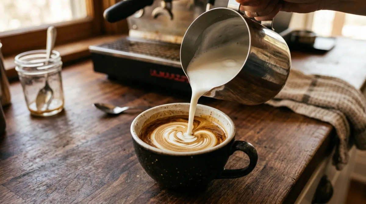 Pouring steamed milk into espresso with vanilla syrup