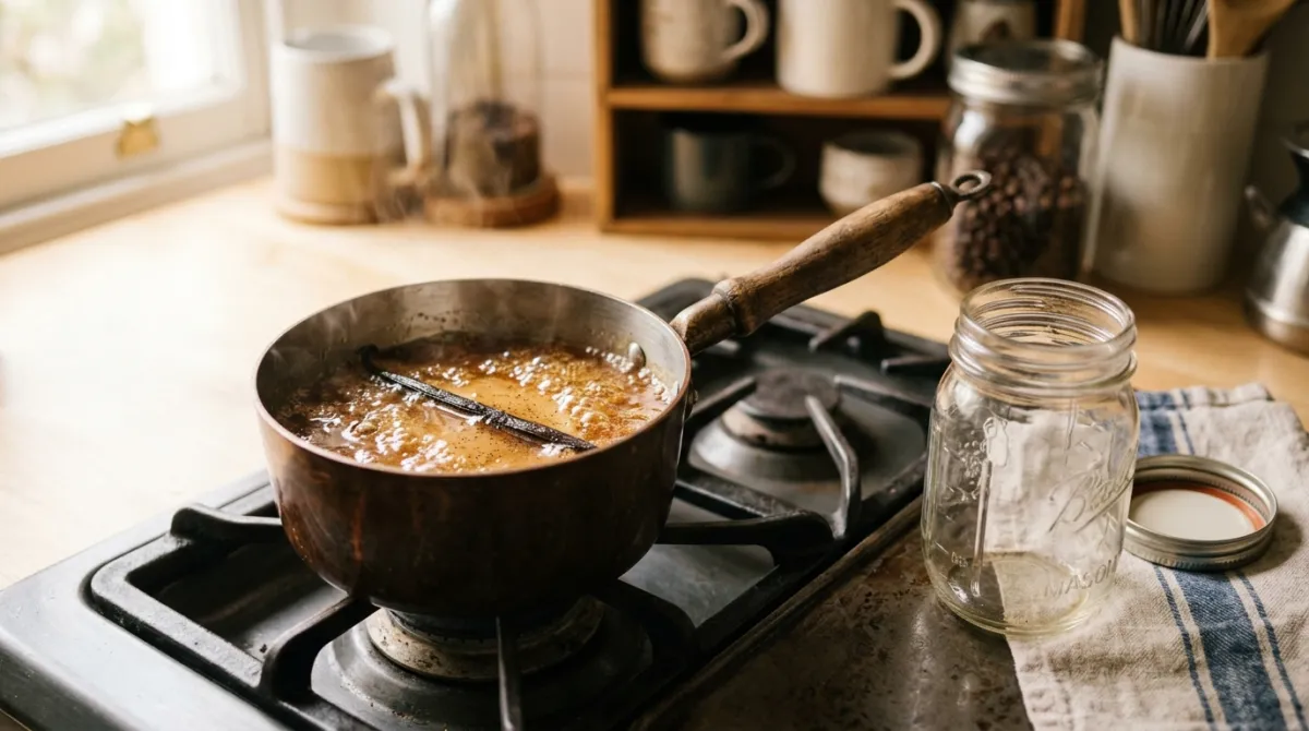 Homemade vanilla syrup simmering in a small pan