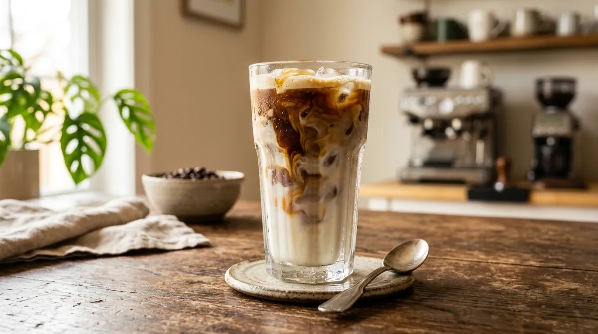 An iced vanilla latte in a tall glass over ice