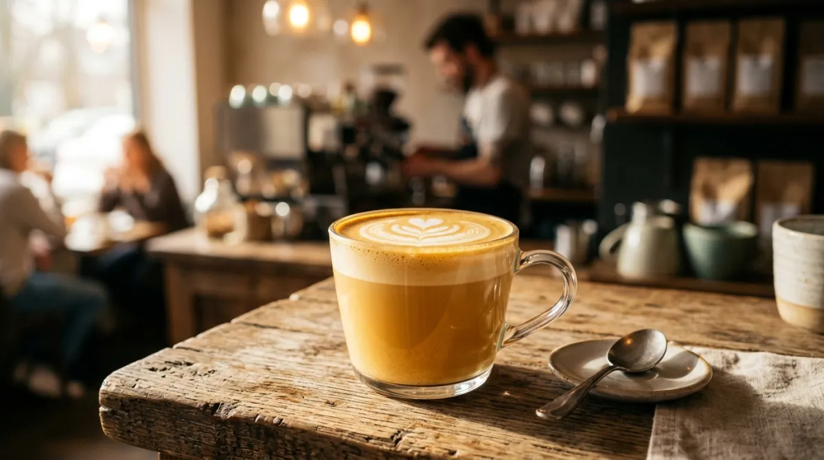 A glass vanilla latte with layered milk and espresso sitting on a wooden kitchen counter.