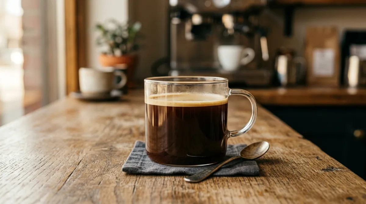 A finished americano in a clear glass mug on a counter