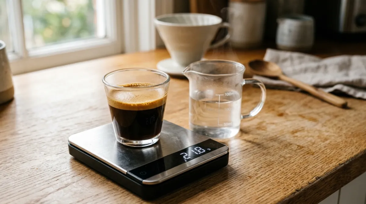 Espresso beside a measured cup of hot water on a scale