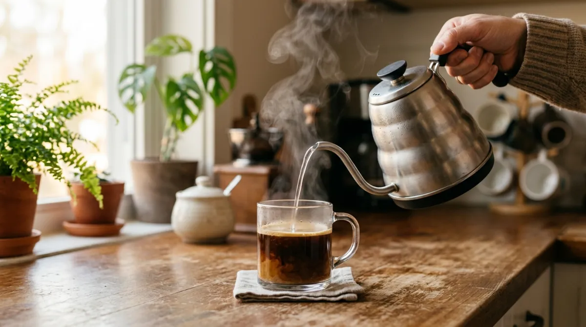Hot water being added to a shot of espresso to make an americano