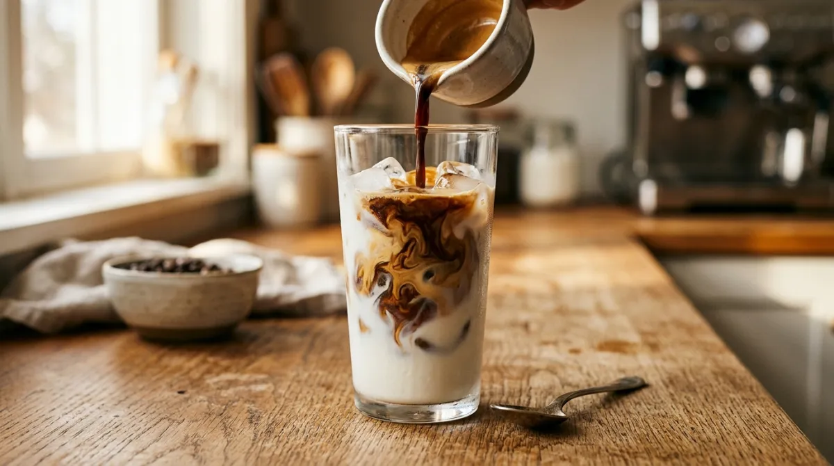 Pouring a shot of espresso over cold milk and ice