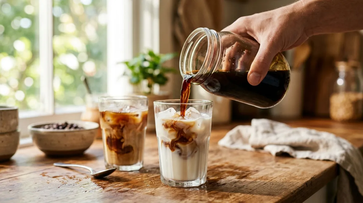Cold brew concentrate poured over iced milk to make an iced latte