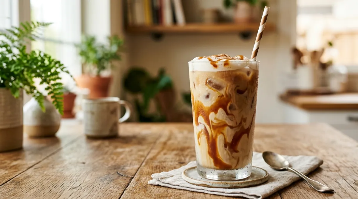A flavored iced latte with syrup and a straw