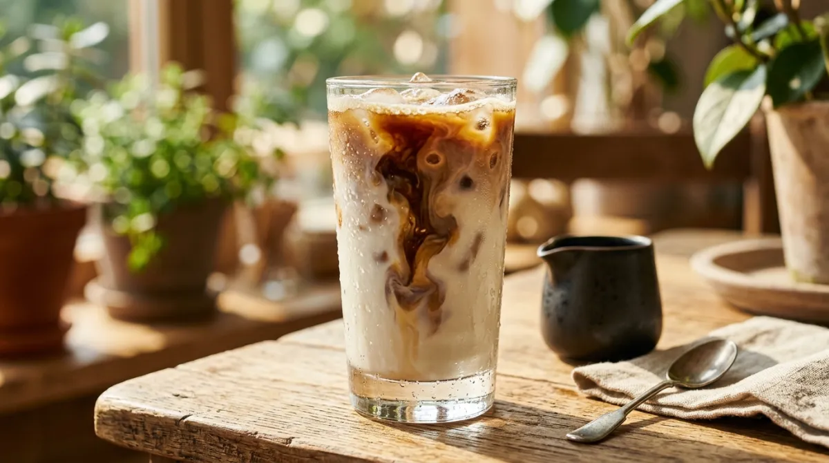 A tall glass of iced latte with espresso swirling into cold milk over a stack of ice cubes on a kitchen counter.