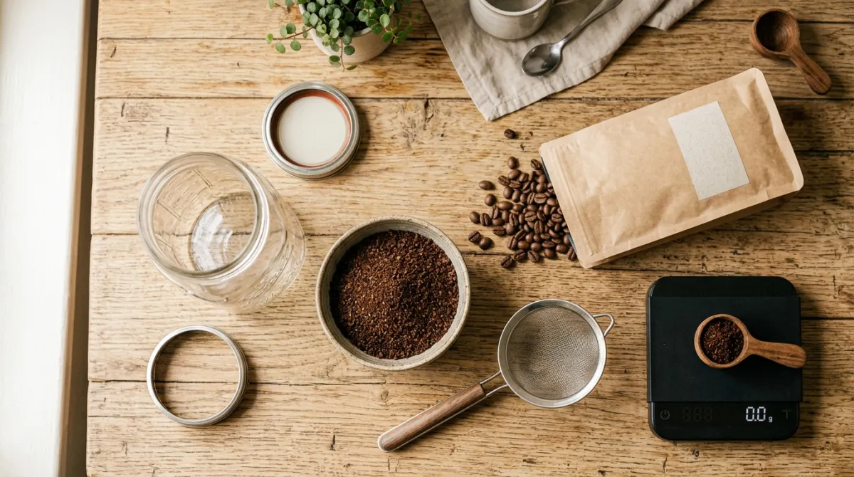 Flat lay of a mason jar, coarse grounds, strainer and scale