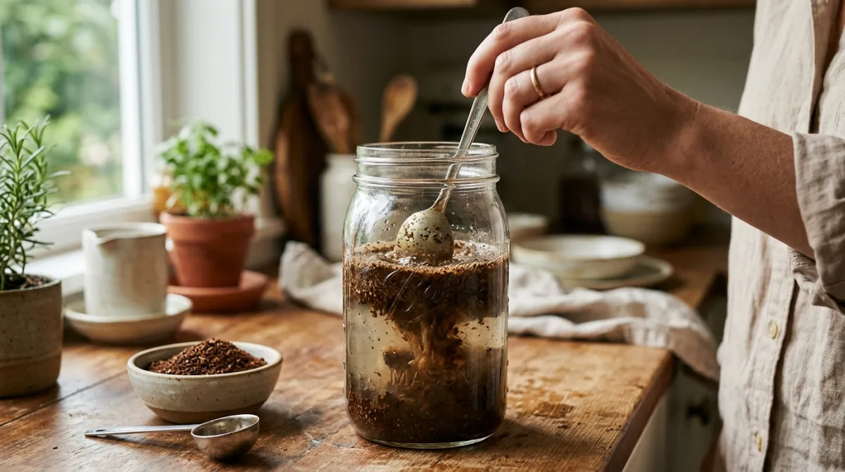 Stirring coarse coffee grounds into a jar of cold water