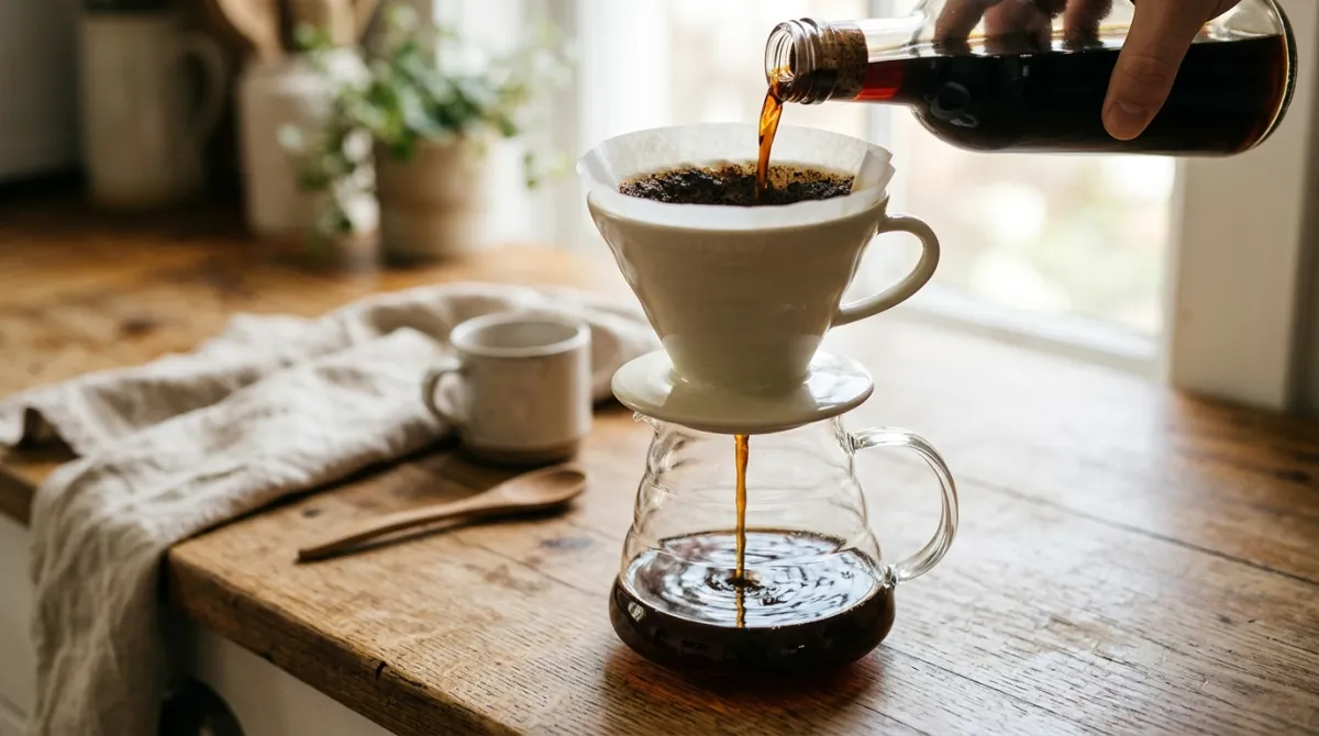 Cold brew being strained through a paper filter into a carafe