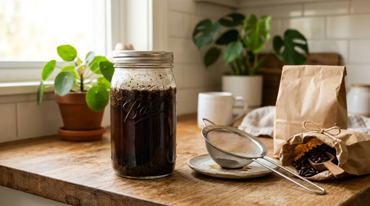 A large mason jar of cold brew coffee steeping with coarse grounds on a counter