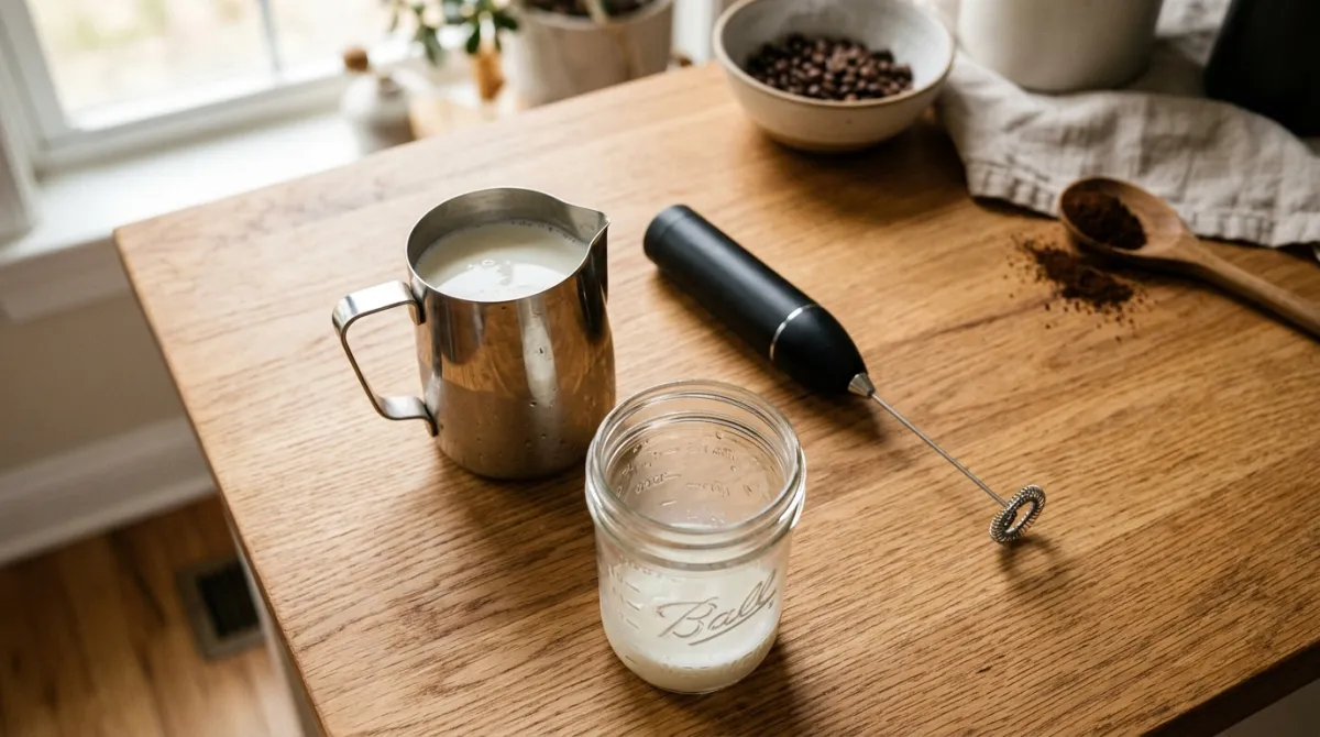 Cold milk, a handheld frother and a jar on a counter