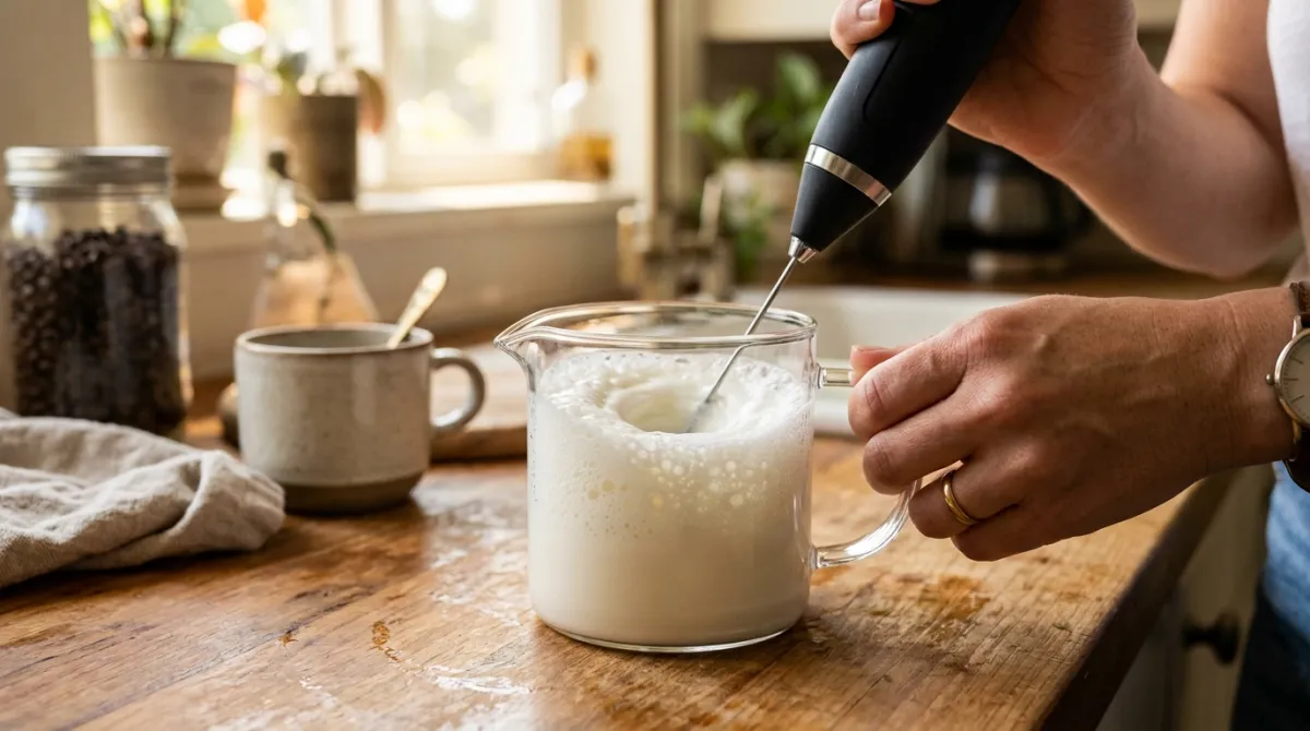 A handheld frother whipping cold milk into thick foam