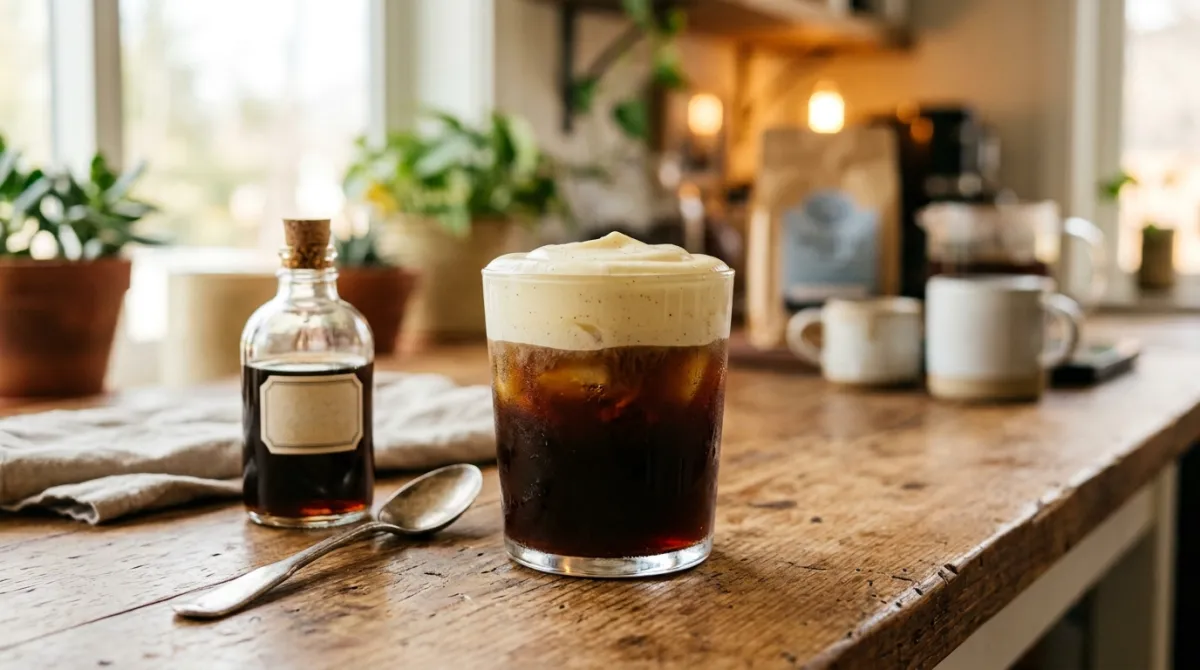 Vanilla sweet cream cold foam poured over cold brew in a glass