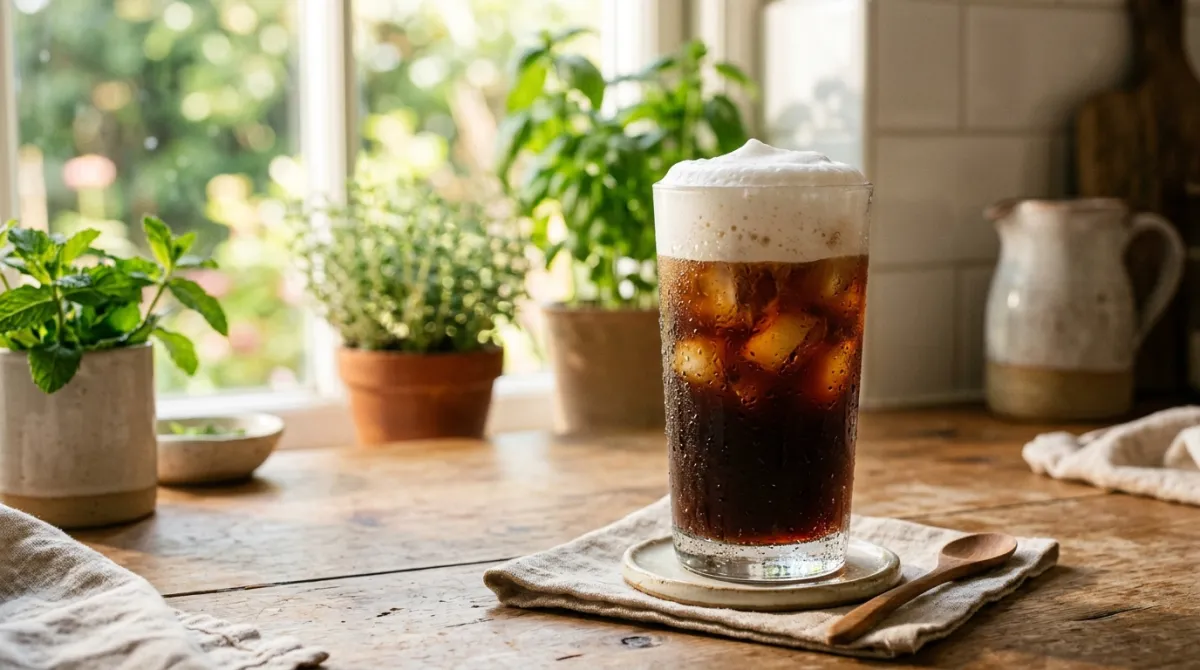 Cold foam being spooned over a glass of iced coffee