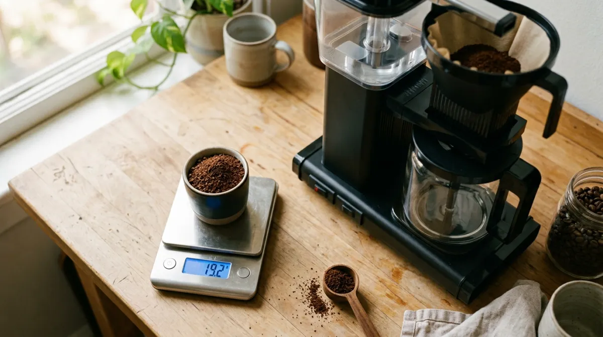 Coffee grounds on a digital scale beside a drip machine