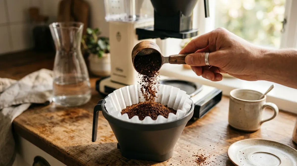 Pouring ground coffee into a drip machine filter basket