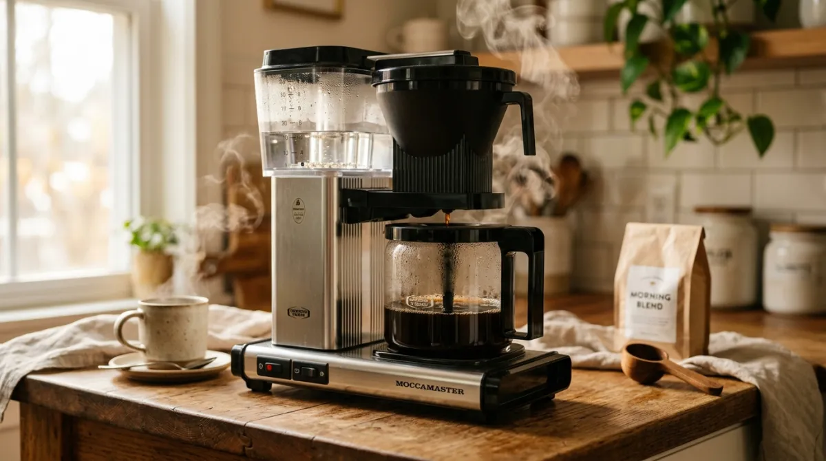 An automatic drip coffee maker brewing into a glass carafe on a kitchen counter.