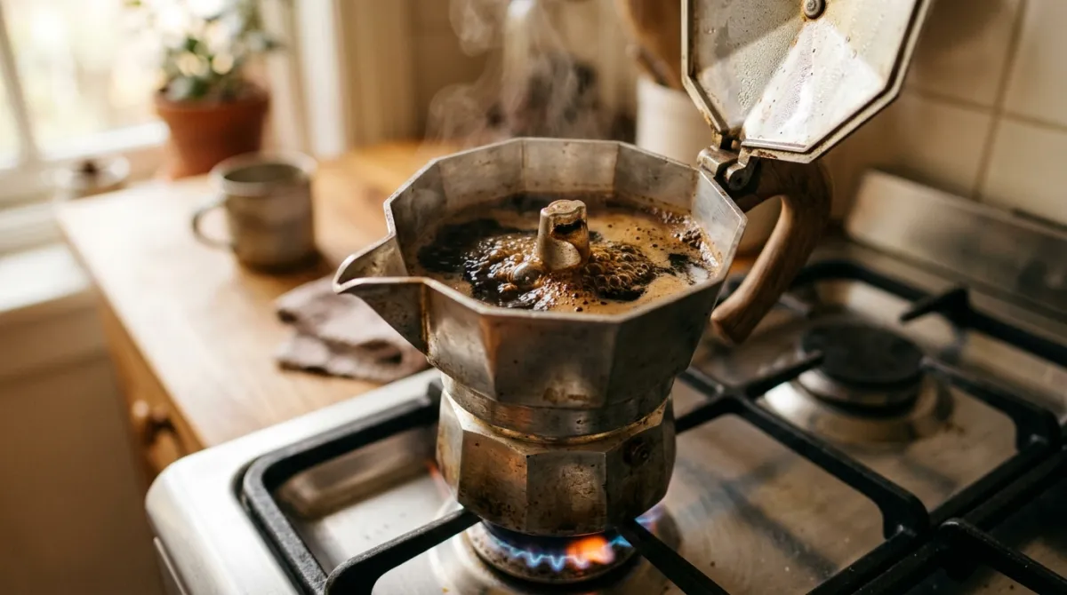 A moka pot brewing espresso-style coffee on a stovetop