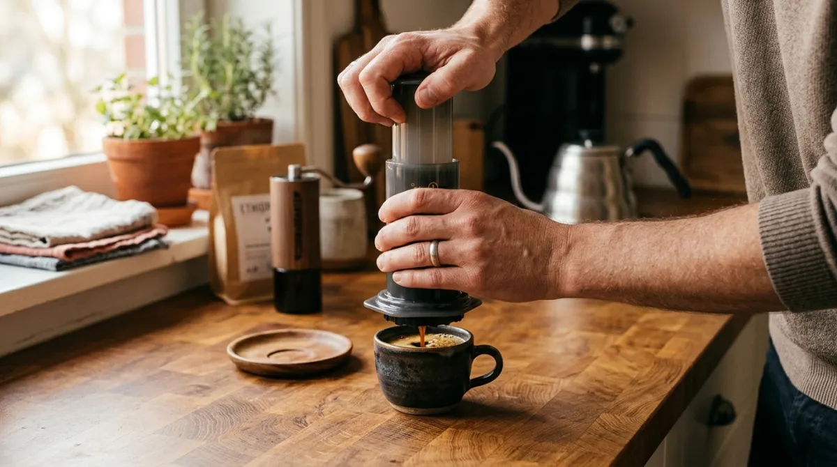 Pressing an AeroPress to brew a concentrated espresso-style shot
