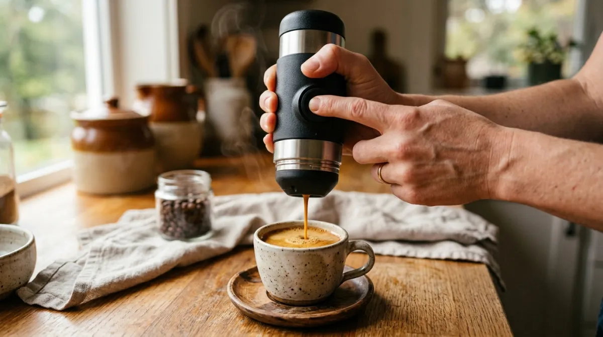 A handheld manual espresso maker being pumped by hand