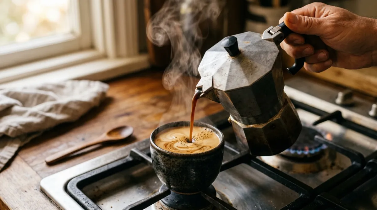 A stovetop moka pot pouring dark, concentrated coffee into a small white cup on a wooden kitchen counter.