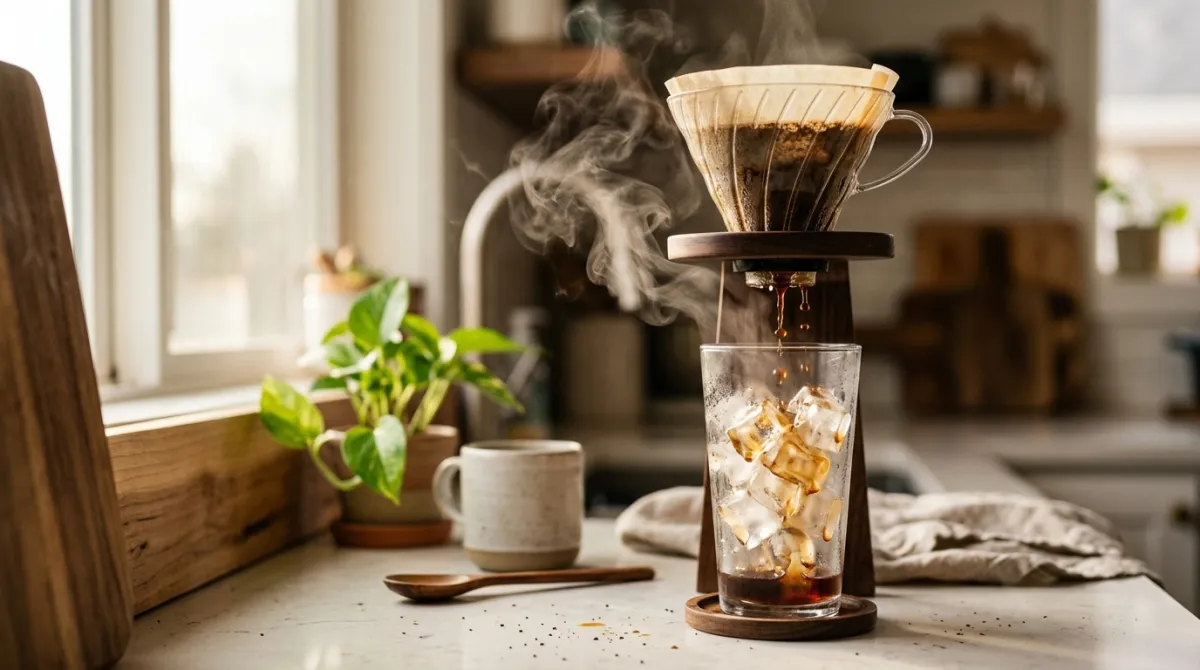 Hot coffee brewed directly over a glass full of ice
