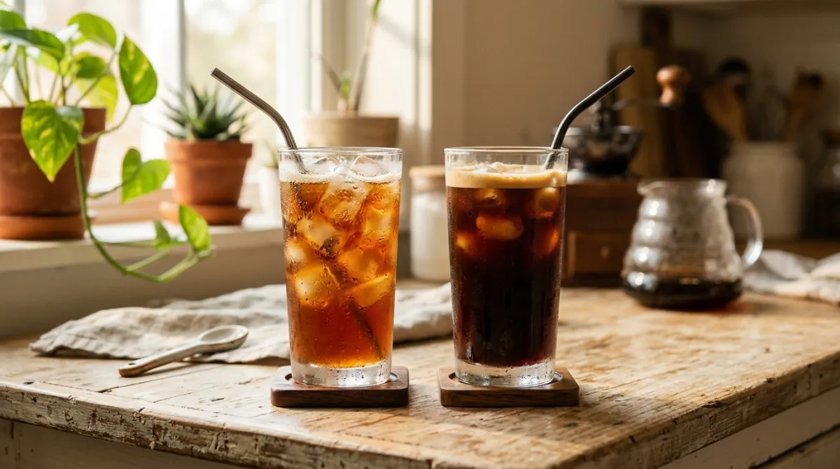 Two glasses side by side, iced coffee and cold brew over ice