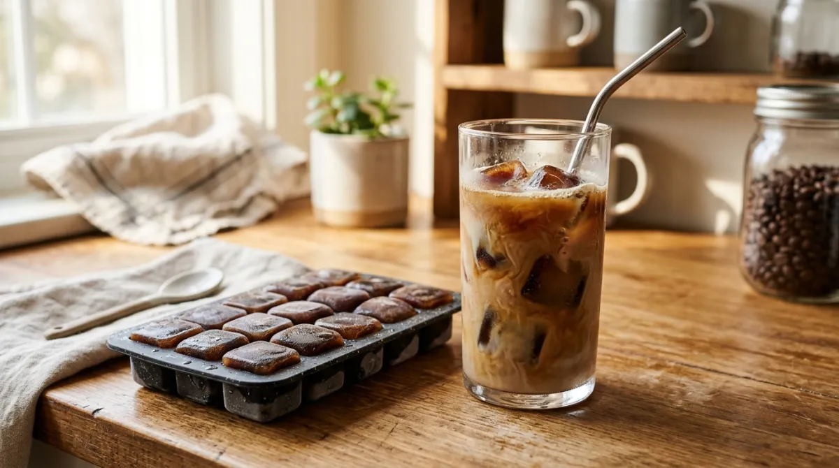 Coffee ice cubes in an ice cube tray