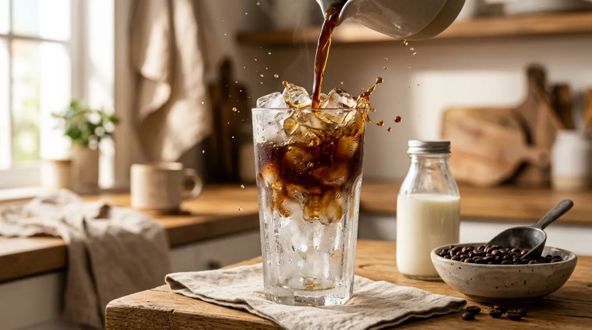A tall glass of iced coffee being poured over ice on a bright kitchen counter