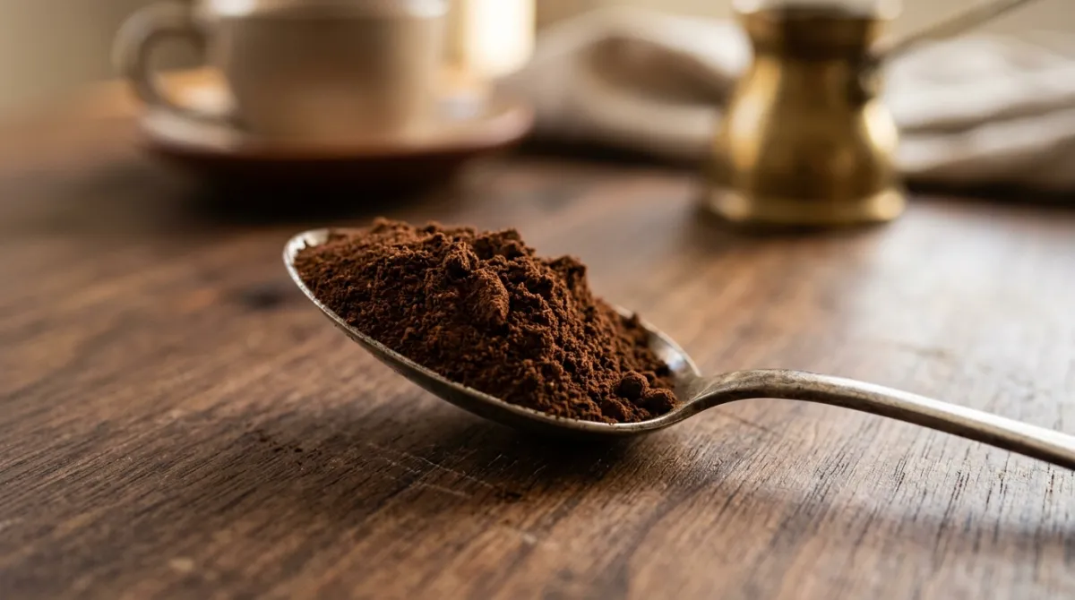Extra-fine powdery Turkish coffee grounds in a scoop