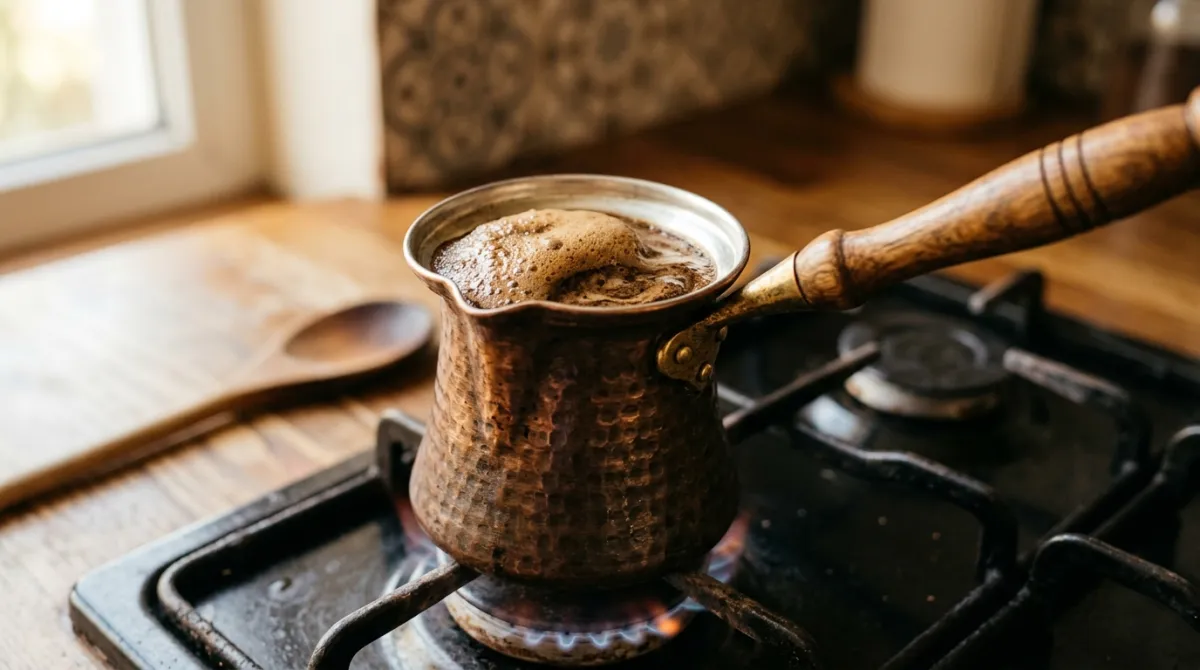 A copper cezve heating on a stove with Turkish coffee foam rising
