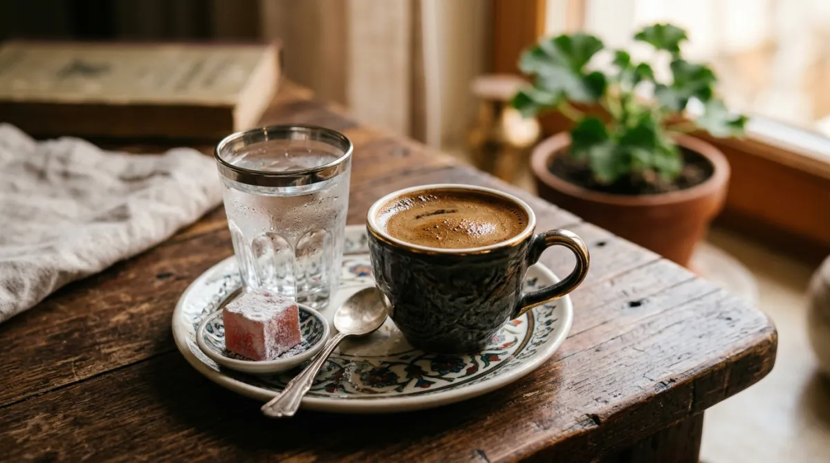 Turkish coffee served in a demitasse cup with foam beside a glass of water