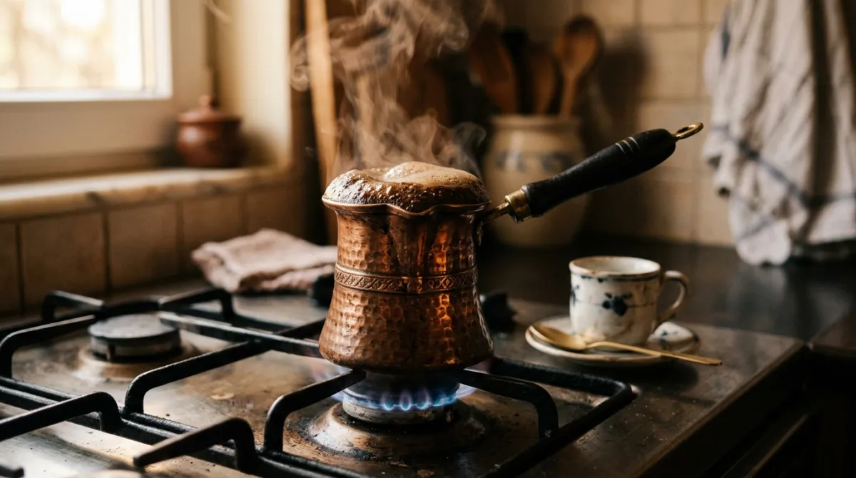 A copper cezve pouring foamy Turkish coffee into a small white demitasse cup on a wooden tray.