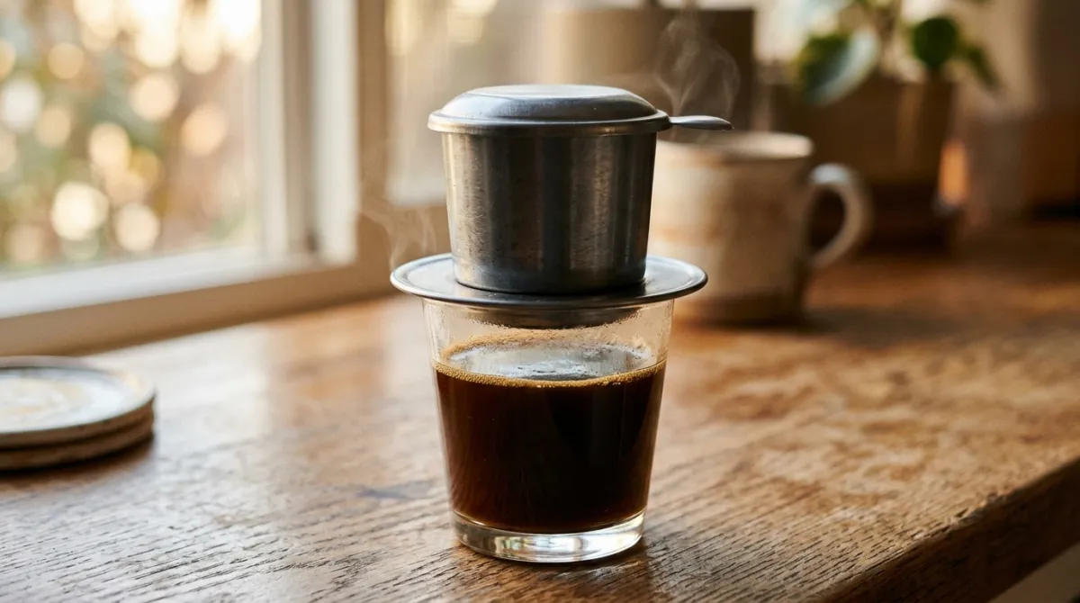 A phin filter sitting on a glass of freshly brewed Vietnamese coffee