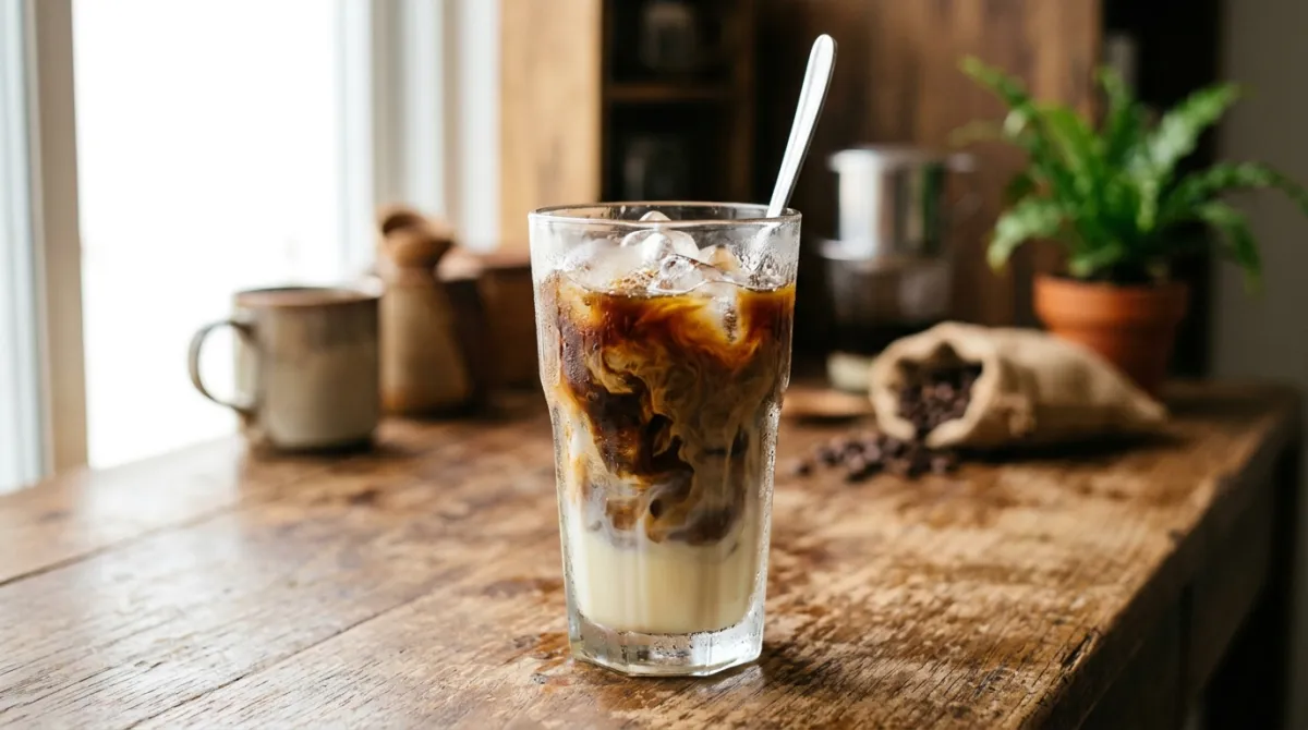 A tall glass of iced Vietnamese coffee over ice with condensed milk