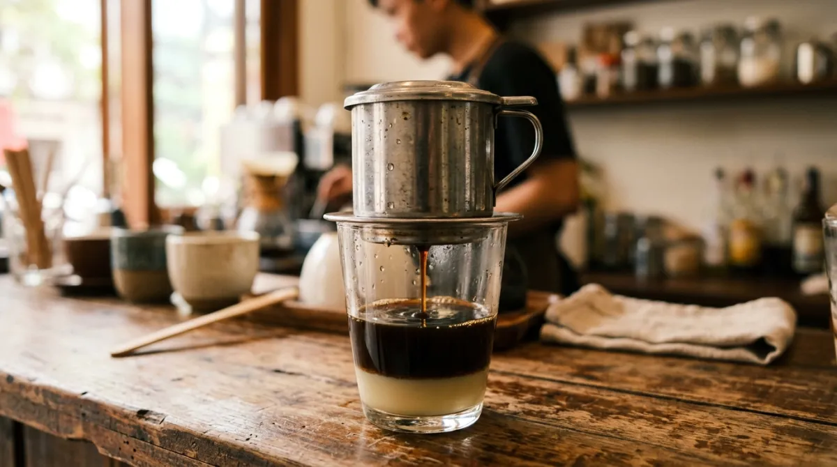 A metal phin filter dripping dark coffee into a glass of sweetened condensed milk on a wooden table.