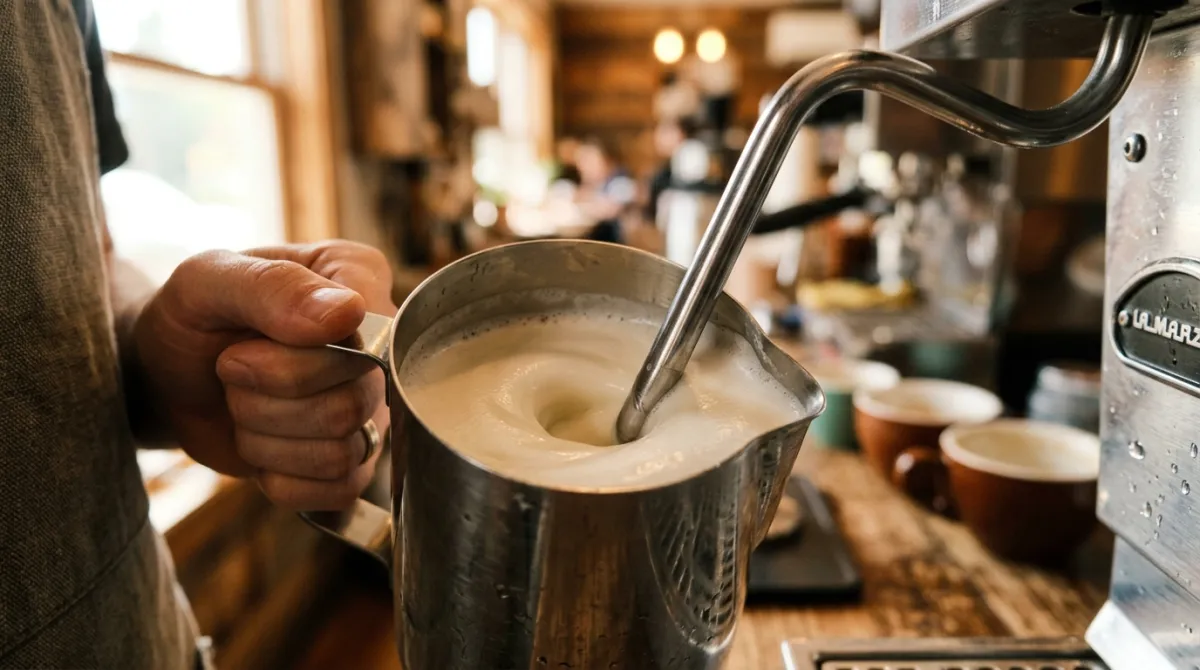 A steam wand spinning milk into a smooth whirlpool