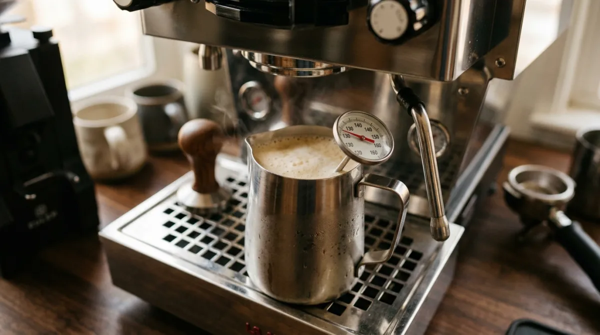 A thermometer clipped to a milk pitcher reading steaming temperature