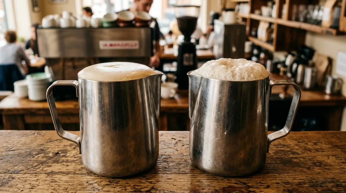 Glossy silky microfoam in a pitcher close-up