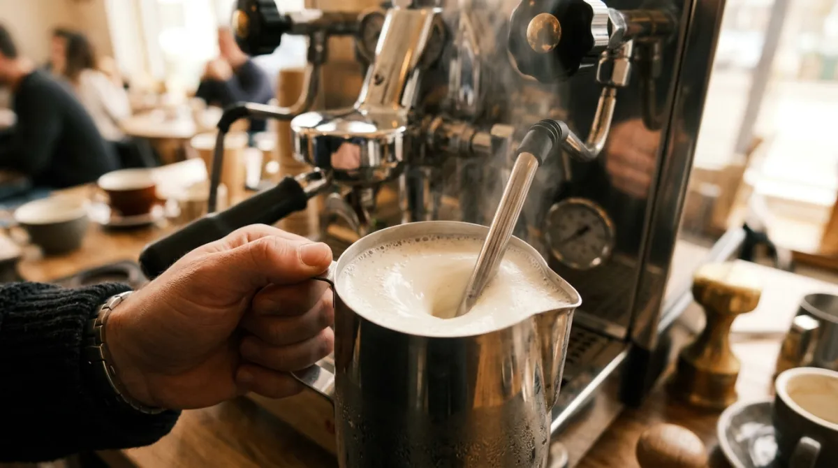 A stainless steel pitcher of milk being steamed under an espresso machine wand, forming glossy microfoam.