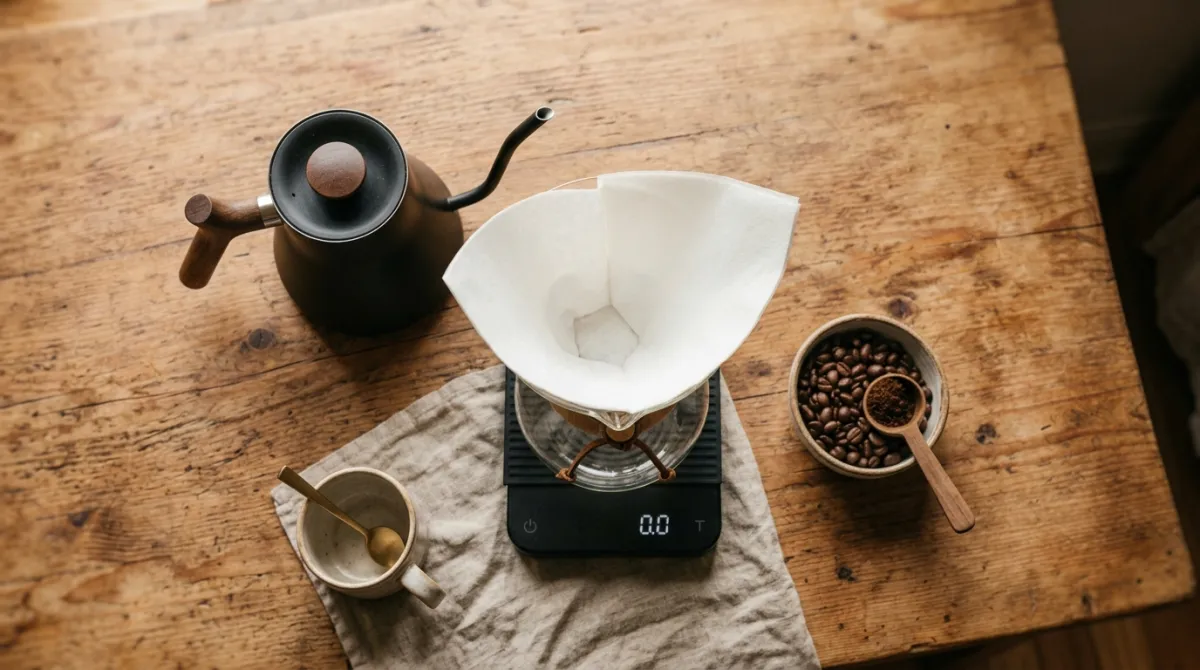 A Chemex, filter, gooseneck kettle and scale laid out