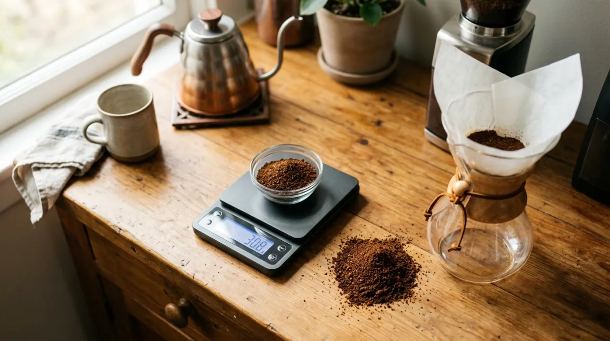 Coffee grounds on a scale beside a medium-coarse grind